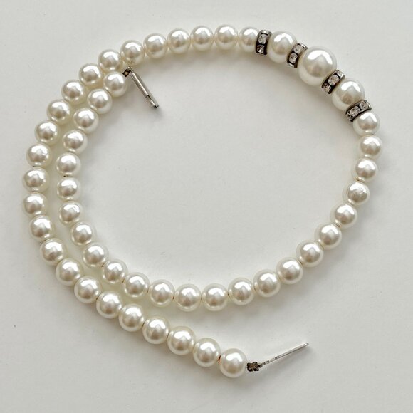 Faux Graduated Pearl 15" Choker Style Necklace Rhinestone Stainless Steel Thread - Picture 7 of 11